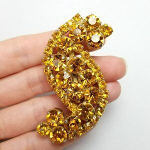 Vintage Orange Rhinestone S Shape Cluster Brooch, Amber Color Lapel Pin
